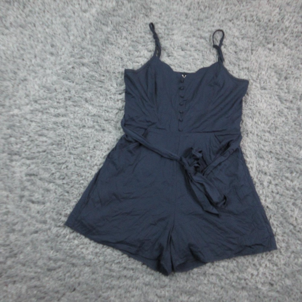 Market & Spruce Romper Womens Medium Blue Button Front Belted One Piece